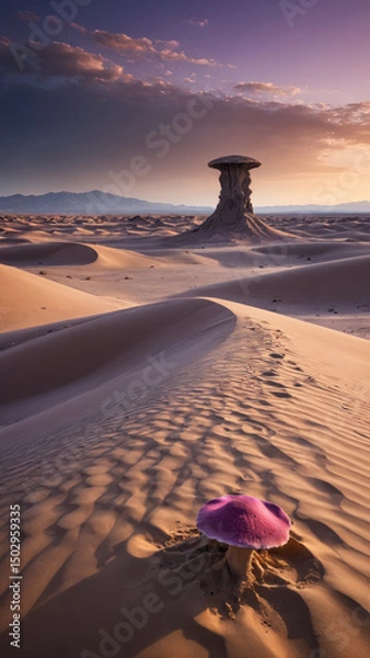 Obraz Surreal Purple Desert Landscape with Massive Sand Dunes, Bioluminescent Fungi, and a Distant Mysterious Monolith in a Sci-Fi Fantasy Alien World