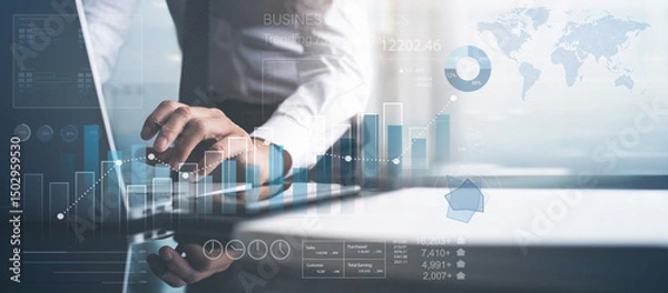 Obraz Businessman using KPI dashboard. Business data analytics with financial graph report, market research, business planning, strategy and solution, finance and investment