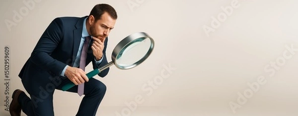 Fototapeta Businessman examining something with magnifying glass on light background with copyspace for creative advertising or promotional design template.