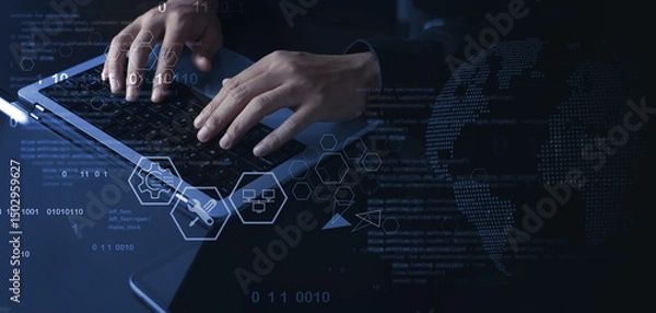 Fototapeta IT support, customer service concept. Computer engineer, technician coding on laptop computer connection with big data storage as backgrounds, digital technology, database, data management