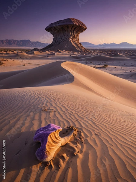 Obraz Surreal Purple Desert Landscape with Massive Sand Dunes, Bioluminescent Fungi, and a Distant Mysterious Monolith in a Sci-Fi Fantasy Alien World
