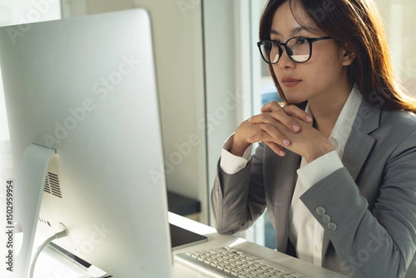 Obraz Asian business woman working on desktop computer, looking the screen, thinking about business prolect planning at office. Thoughtful businesswoman concentrate on  work