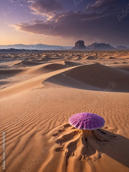 Obraz Surreal Purple Desert Landscape with Massive Sand Dunes, Bioluminescent Fungi, and a Distant Mysterious Monolith in a Sci-Fi Fantasy Alien World