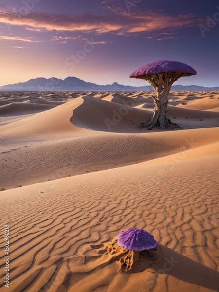 Obraz Surreal Purple Desert Landscape with Massive Sand Dunes, Bioluminescent Fungi, and a Distant Mysterious Monolith in a Sci-Fi Fantasy Alien World