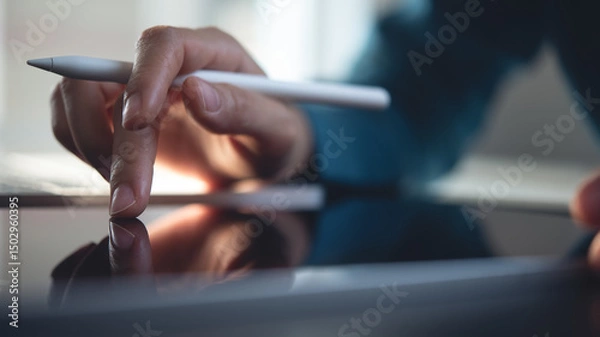 Obraz Close up, business man working on digital tablet, touching on the screen, reading e-document before signing with stylus pen. Graphic designer using graphic tablet and electronic pen
