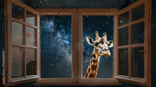 Obraz Giraffe looking out window at night sky