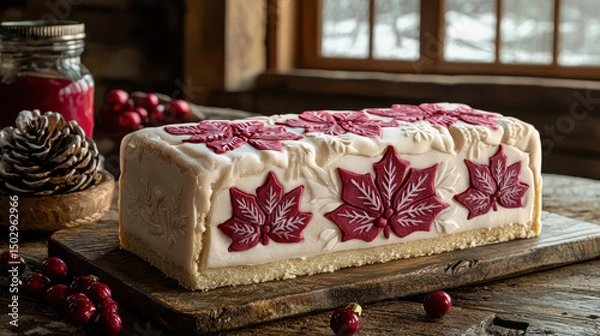 Fototapeta Delightful holiday dessert featuring beautifully decorated cake with red leaf patterns, perfect for festive gatherings and celebrations