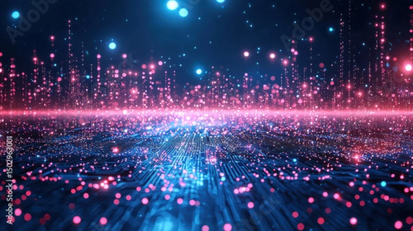 Fototapeta Vibrant digital landscape featuring circuit board pattern illuminated by colorful lights, creating mesmerizing atmosphere of technology