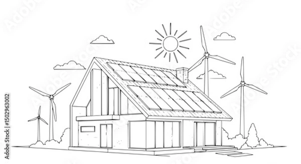Fototapeta EcoFriendly House Design with Solar Panels and Wind Turbines