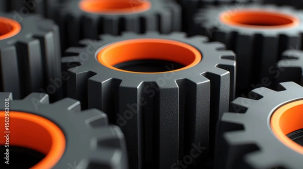 Fototapeta Close up of black and orange gear wheels with textured surface, showcasing modern industrial design. vibrant colors create striking visual appeal