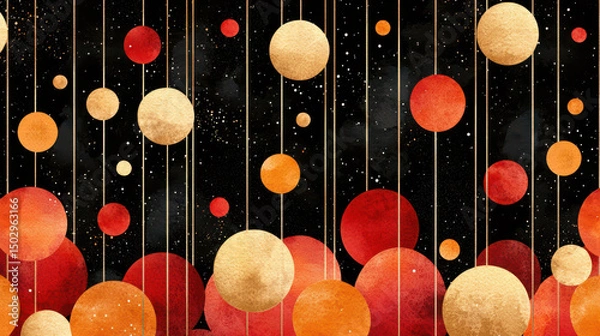 Fototapeta Colorful circles shades of red, orange, and gold hang against black background, creating vibrant and dynamic pattern. This artwork evokes sense