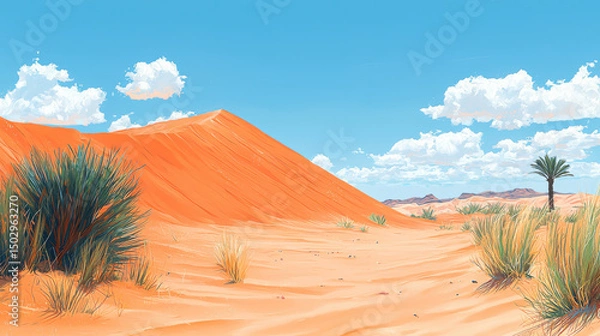 Fototapeta Vibrant desert landscape featuring orange sand dunes, scattered vegetation, and clear blue sky with fluffy clouds. scene evokes sense
