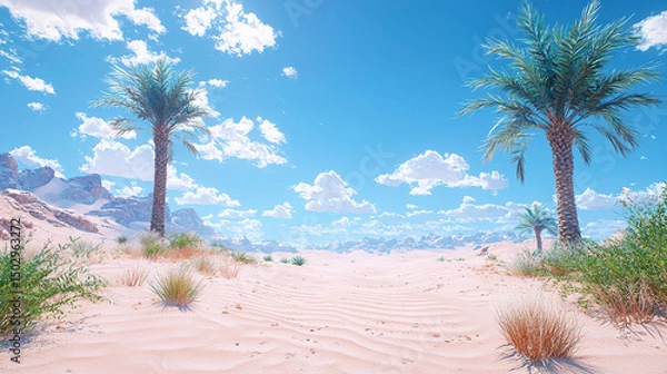 Fototapeta Serene desert landscape featuring soft sand dunes, vibrant palm trees, and bright blue sky filled with fluffy clouds, evoking sense of tranquility