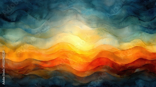 Fototapeta Vibrant watercolor waves in shades of blue, orange, and yellow create serene landscape, evoking sense of calm and tranquility
