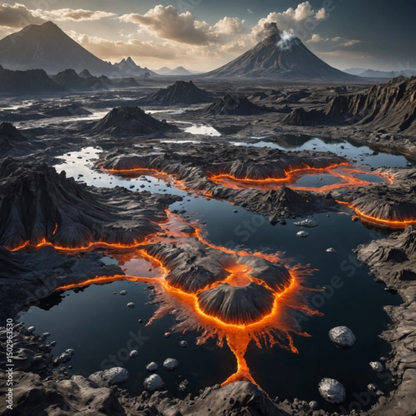 Obraz Volcanic Alien World with Molten Silver Rivers, Robotic Lifeforms, and Floating Islands in a Futuristic Sci-Fi Fantasy Planetary Landscape

