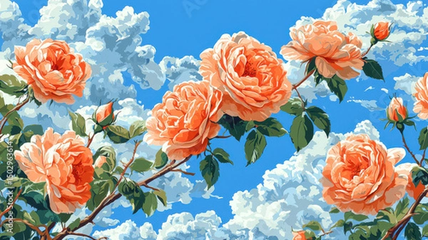 Fototapeta Vibrant floral pattern featuring large peach roses against bright blue sky with fluffy clouds, creating cheerful and uplifting atmosphere