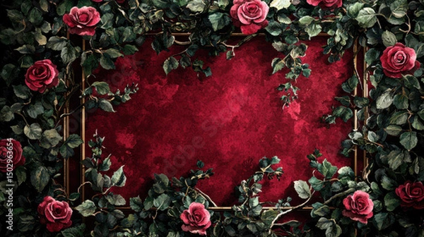 Fototapeta Beautiful floral pattern featuring red roses and green leaves on textured red background, perfect for adding elegance to any design