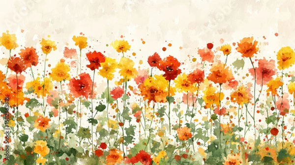 Fototapeta Vibrant watercolor flowers in shades of red, orange, and yellow create cheerful and lively atmosphere, perfect for any design project