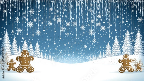 Fototapeta Gingerbread cookies in winter landscape with snowflakes and trees create festive atmosphere. Perfect for holiday themes and celebrations