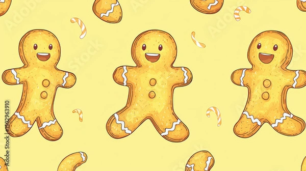 Fototapeta Gingerbread cookies with cheerful expressions, set against yellow background, create festive and playful atmosphere