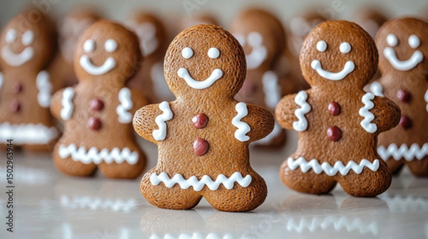 Fototapeta Gingerbread cookies with cheerful faces and decorative icing stand in row, evoking festive and joyful atmosphere
