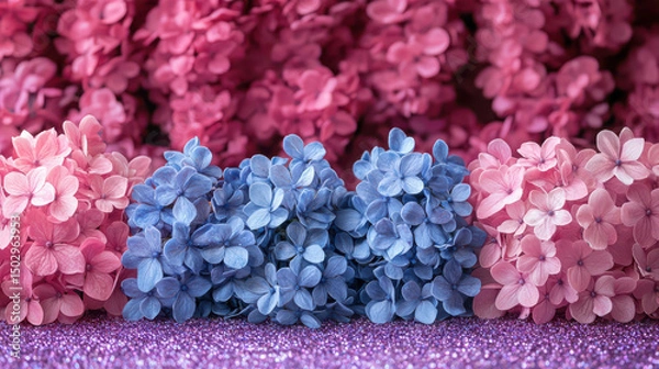 Fototapeta Beautiful floral arrangements in shades of pink and blue create vibrant backdrop, perfect for adding touch of elegance and charm