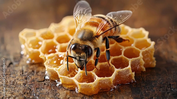 Fototapeta Close up of bee honeycomb, showcasing intricate patterns and textures of honeycomb structure. bee appears to be collecting honey, creating serene