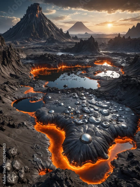 Obraz Volcanic Alien World with Molten Silver Rivers, Robotic Lifeforms, and Floating Islands in a Futuristic Sci-Fi Fantasy Planetary Landscape

