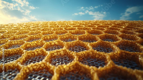 Fototapeta Close up view of honeycomb structure showcasing intricate patterns and textures under bright sky, evoking sense of nature beauty and design