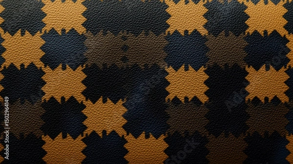 Fototapeta Textured fabric featuring houndstooth pattern in dark blue, brown, and mustard yellow colors, perfect for stylish design projects