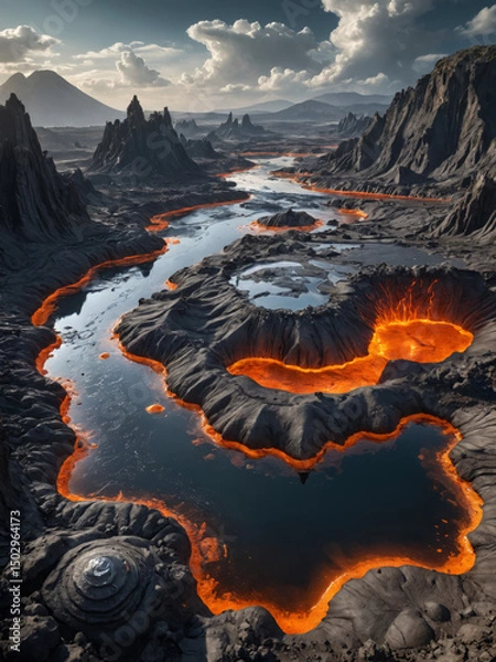 Obraz Volcanic Alien World with Molten Silver Rivers, Robotic Lifeforms, and Floating Islands in a Futuristic Sci-Fi Fantasy Planetary Landscape

