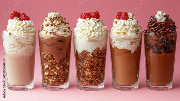 Fototapeta Delicious ice cream desserts in tall glasses topped with whipped cream, chocolate, and raspberries create delightful treat
