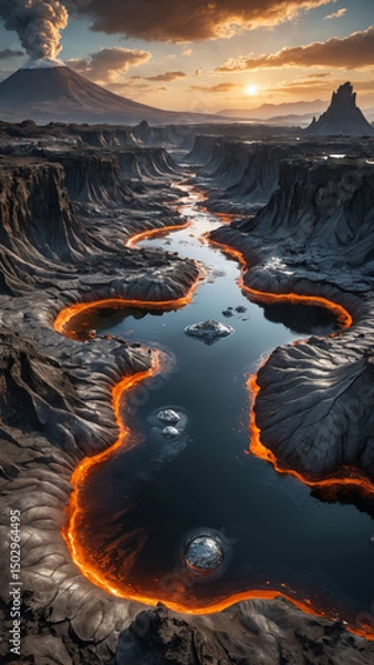 Obraz Volcanic Alien World with Molten Silver Rivers, Robotic Lifeforms, and Floating Islands in a Futuristic Sci-Fi Fantasy Planetary Landscape

