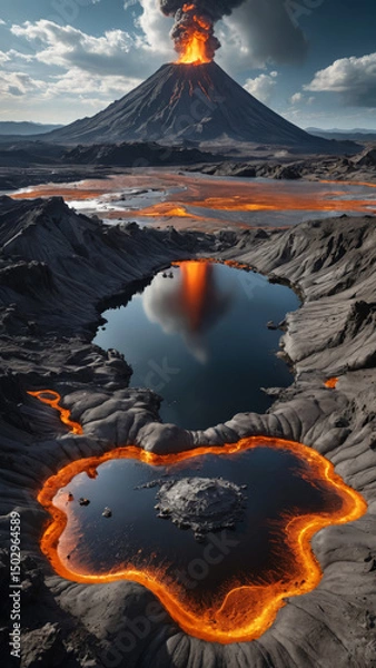 Obraz Volcanic Alien World with Molten Silver Rivers, Robotic Lifeforms, and Floating Islands in a Futuristic Sci-Fi Fantasy Planetary Landscape


