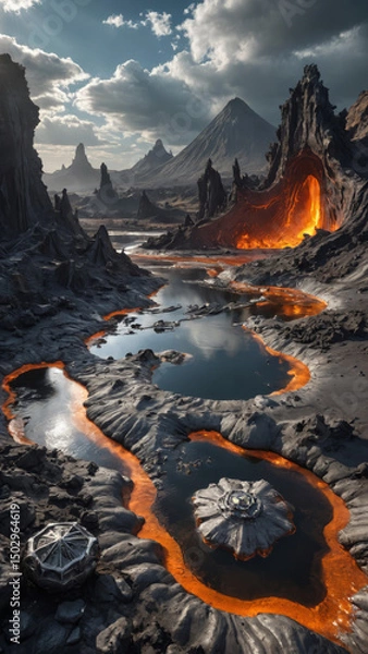 Obraz Volcanic Alien World with Molten Silver Rivers, Robotic Lifeforms, and Floating Islands in a Futuristic Sci-Fi Fantasy Planetary Landscape

