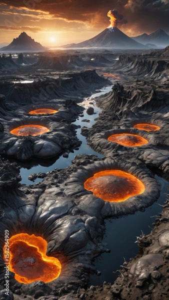 Obraz Volcanic Alien World with Molten Silver Rivers, Robotic Lifeforms, and Floating Islands in a Futuristic Sci-Fi Fantasy Planetary Landscape


