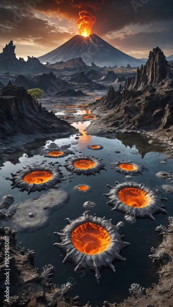 Obraz Volcanic Alien World with Molten Silver Rivers, Robotic Lifeforms, and Floating Islands in a Futuristic Sci-Fi Fantasy Planetary Landscape

