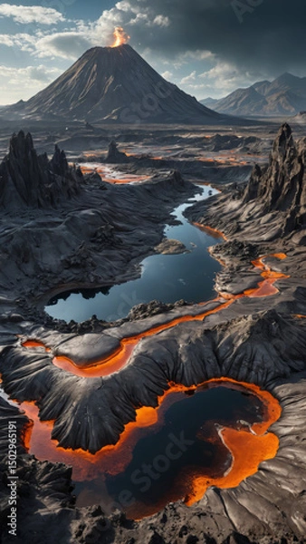 Obraz Volcanic Alien World with Molten Silver Rivers, Robotic Lifeforms, and Floating Islands in a Futuristic Sci-Fi Fantasy Planetary Landscape

