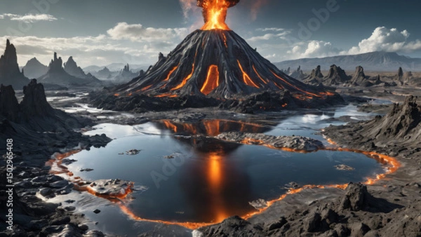 Obraz Volcanic Alien World with Molten Silver Rivers, Robotic Lifeforms, and Floating Islands in a Futuristic Sci-Fi Fantasy Planetary Landscape

