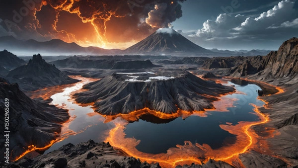 Obraz Volcanic Alien World with Molten Silver Rivers, Robotic Lifeforms, and Floating Islands in a Futuristic Sci-Fi Fantasy Planetary Landscape


