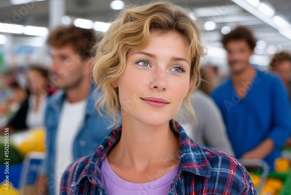 Fototapeta Content woman waiting in checkout with a calm expression, surrounded by shoppers
