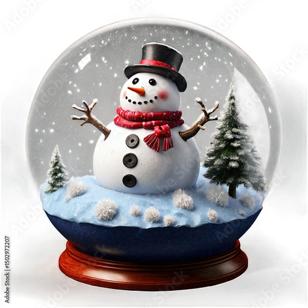 Fototapeta A cheerful snowman in a festive snow globe, perfect for the holiday season. The charming winter scene is filled with sparkling snow and miniature evergreen trees, creating a magical atmosphere.