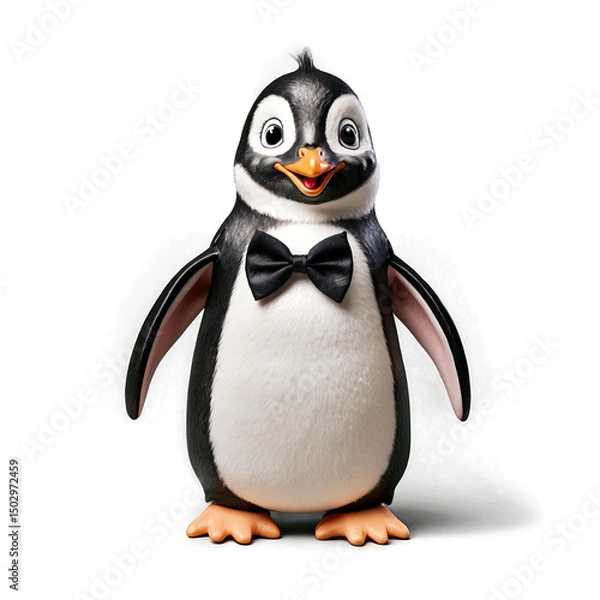 Fototapeta Adorable penguin cartoon character, dressed in a stylish bow tie, stands against a black background.  Perfect for children's books or animation.