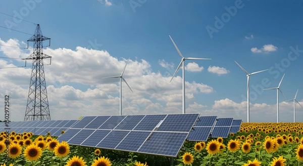 Fototapeta a landscape showcasing the harmonious blend of renewable energy sources, solar panels, and wind turbines, alongside a field of sunflowers, all under a bright, blue sky.