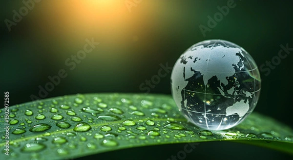 Fototapeta a crystal globe resting on a wet leaf, symbolizing environmental sustainability 