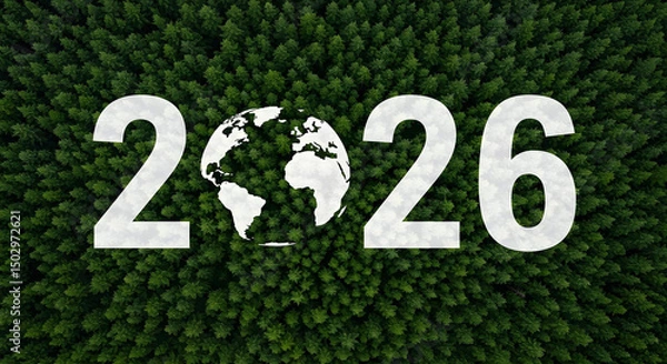 Fototapeta the year 2026 concept with the earth over lush green trees, symbolizing environmental awareness and future planning