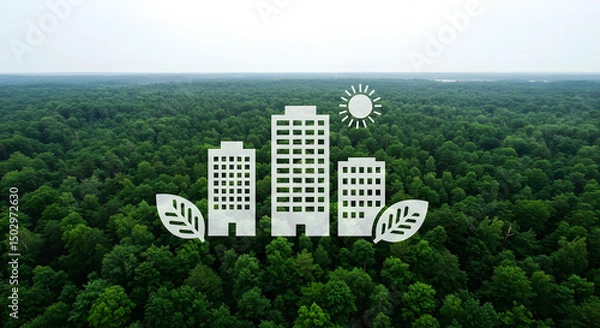Fototapeta Eco-friendly buildings in a lush green forest.  The image features three buildings amidst a vast expanse of trees, symbolizing sustainable development