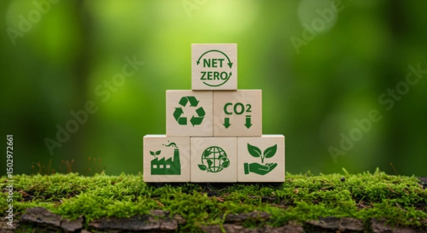 Fototapeta Net Zero wooden blocks arranged, showcasing environmental conservation concepts. The arrangement of the blocks highlights the core concepts.