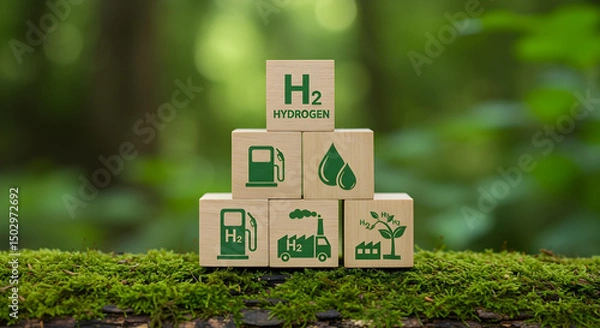 Fototapeta Hydrogen energy with graphic resource in the natural green background. The image includes some wood blocks to show and explain the hydrogen power concepts and goals.