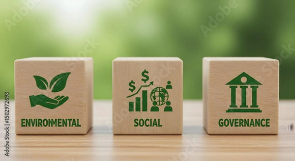 Fototapeta Three wooden blocks showing the concept of environmental, social, and governance (ESG)